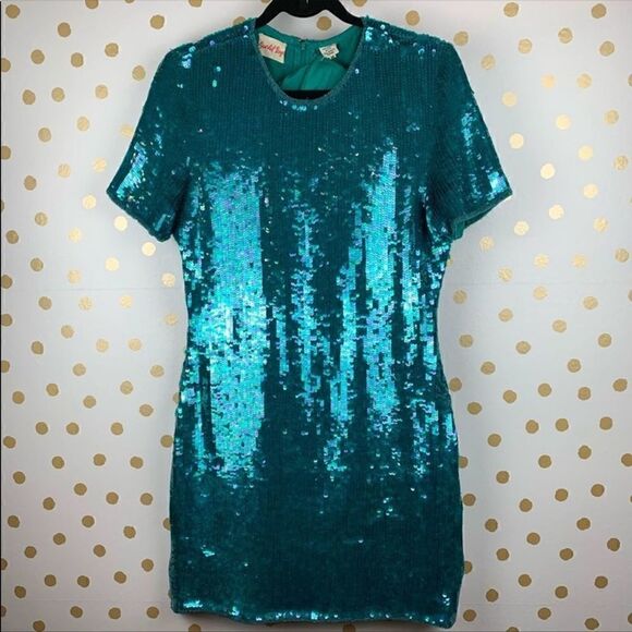 Scarlet Rage Vintage Silk Sequin Teal Mini Dress M - Picture 1 of 7
